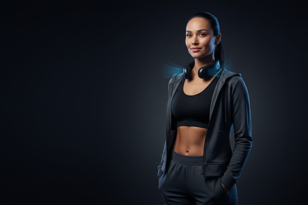 Aerofit lifestyle photo of a woman wearing the Matte Black Wireless Neck Fan