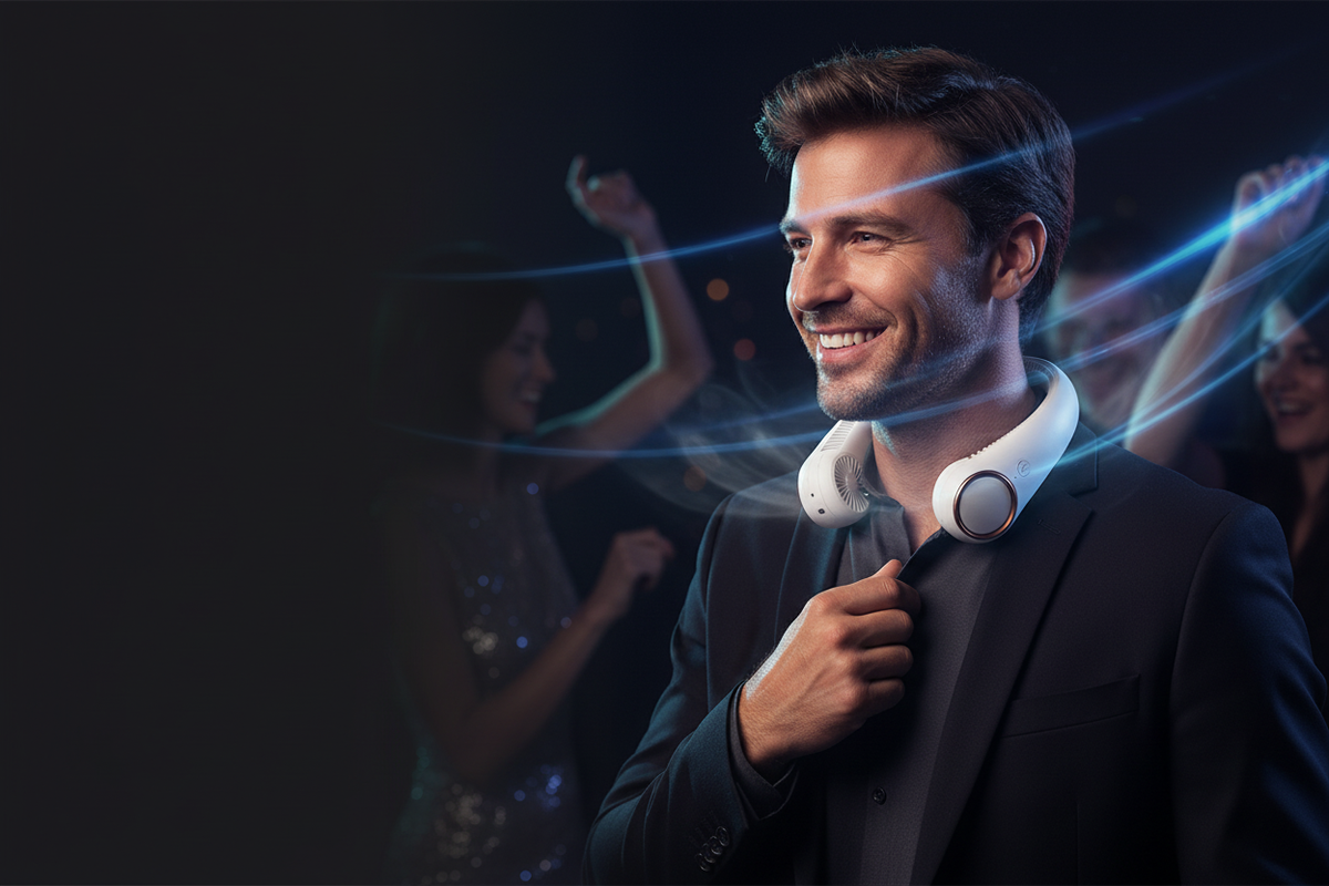 Man wearing a white neck fan at a party