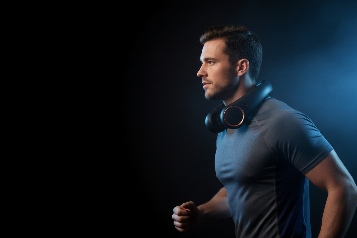 Man wearing Matte Black neck fan