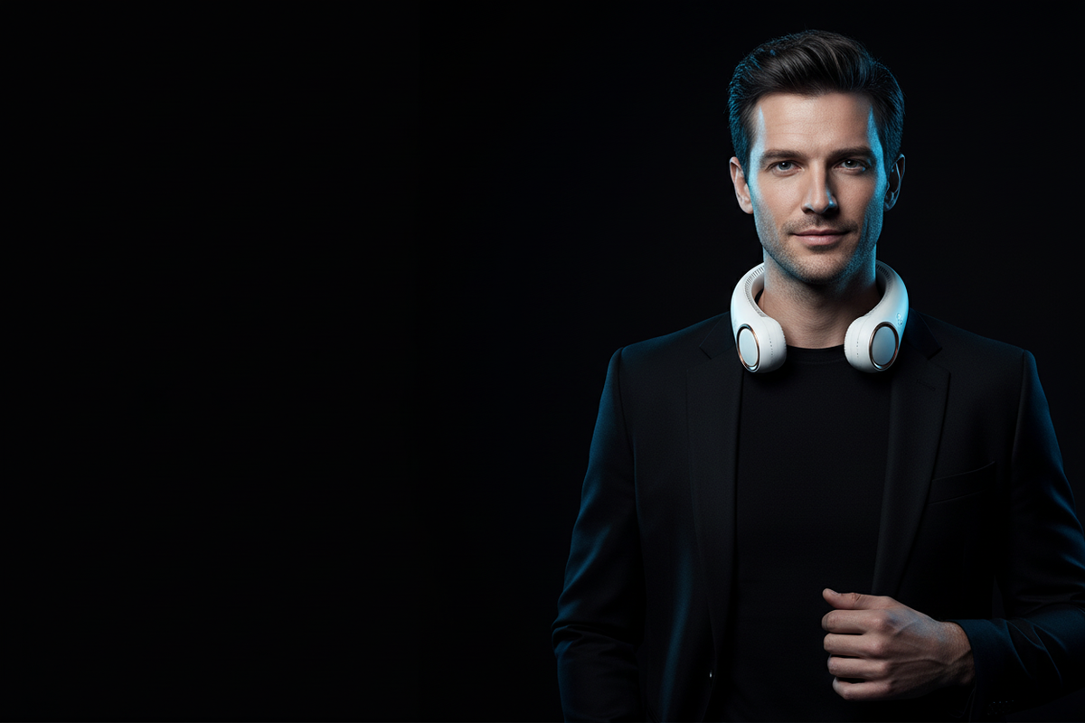 Man wearing Matte White neck fan